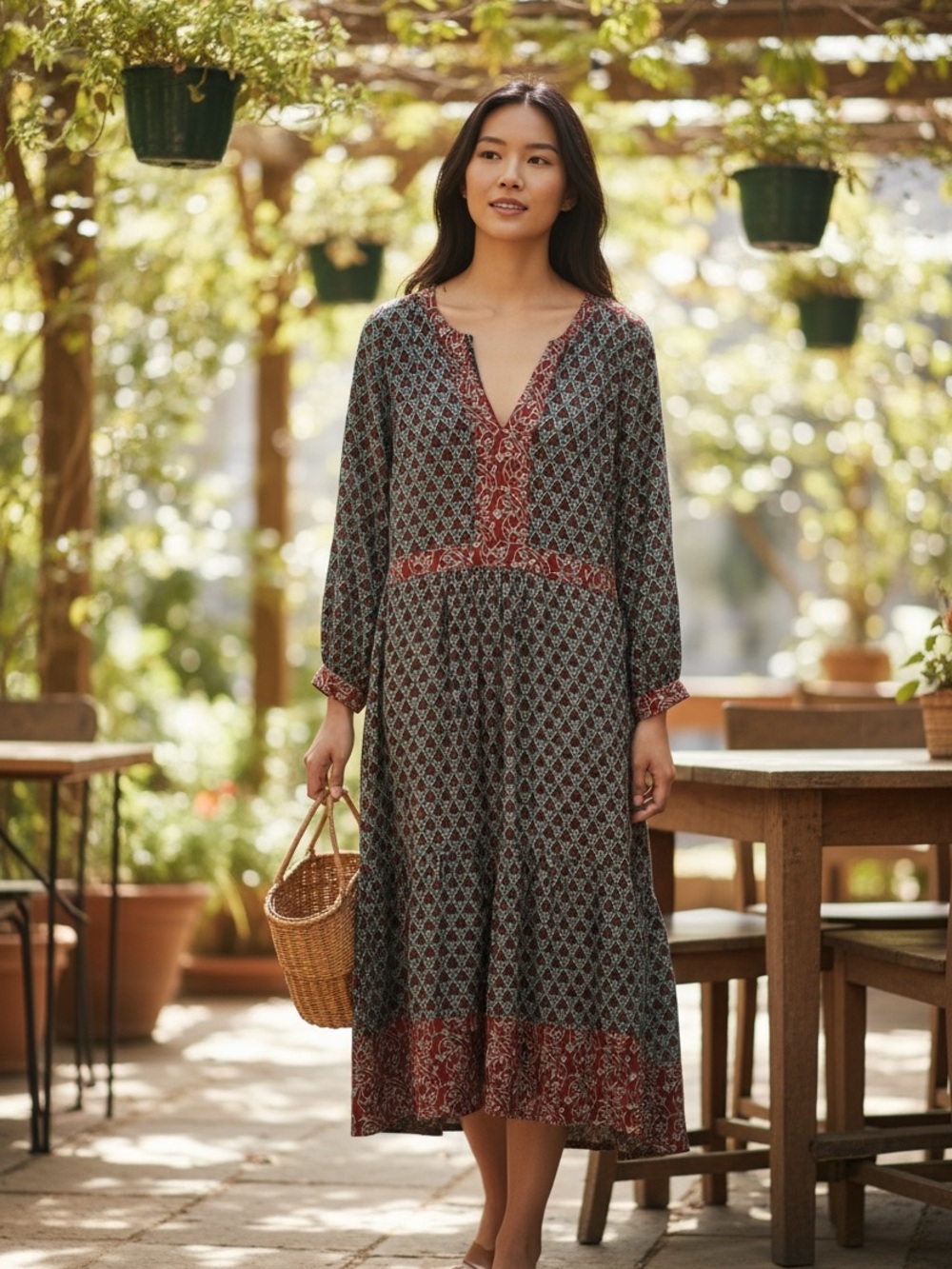 LOFT Patterned Long-Sleeve Midi Dress in Olive and Rust Accents